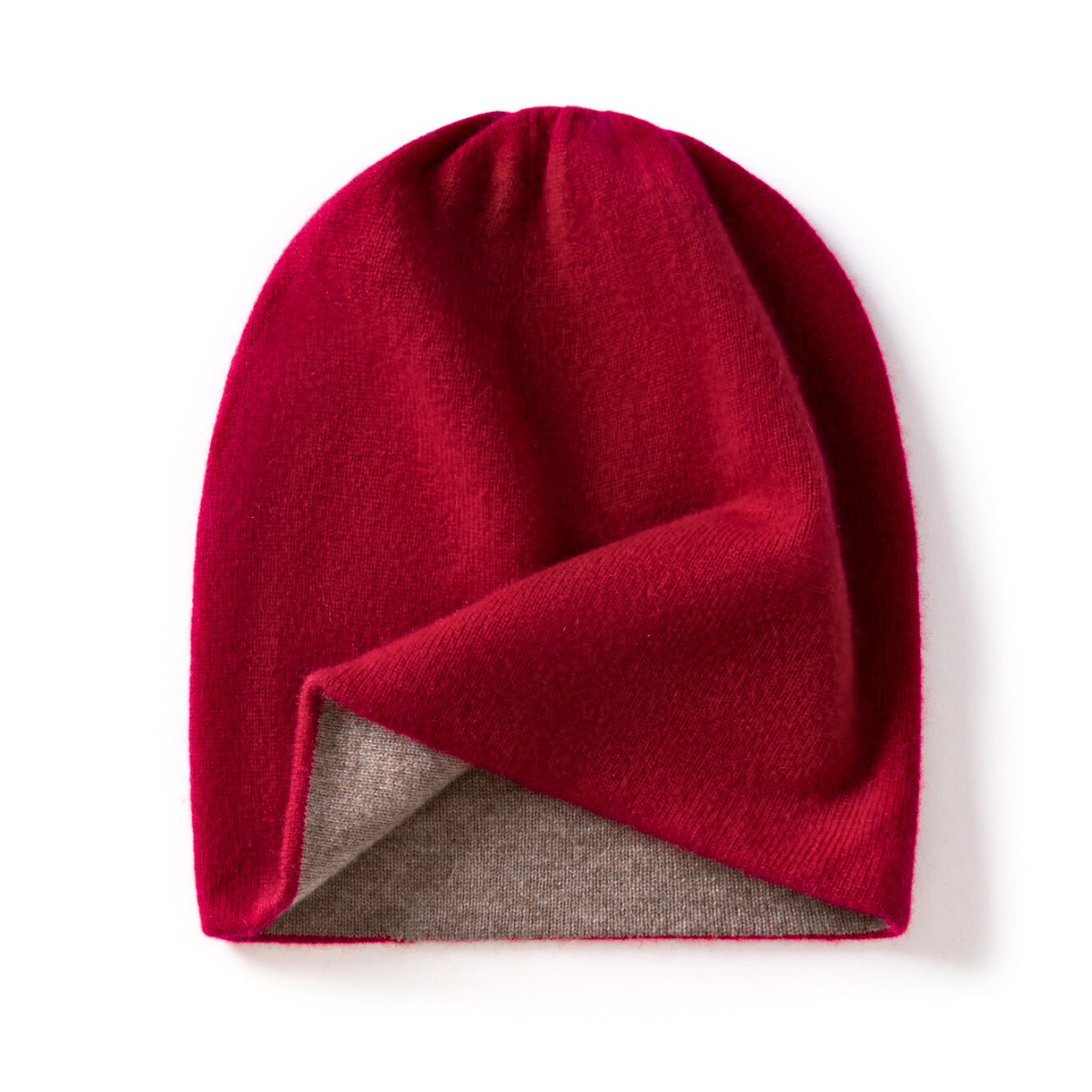 Cashmere beanie hat with double-layer knit - Red