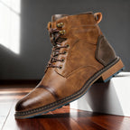 Combat boots with reinforced heel panels and cushioned sole