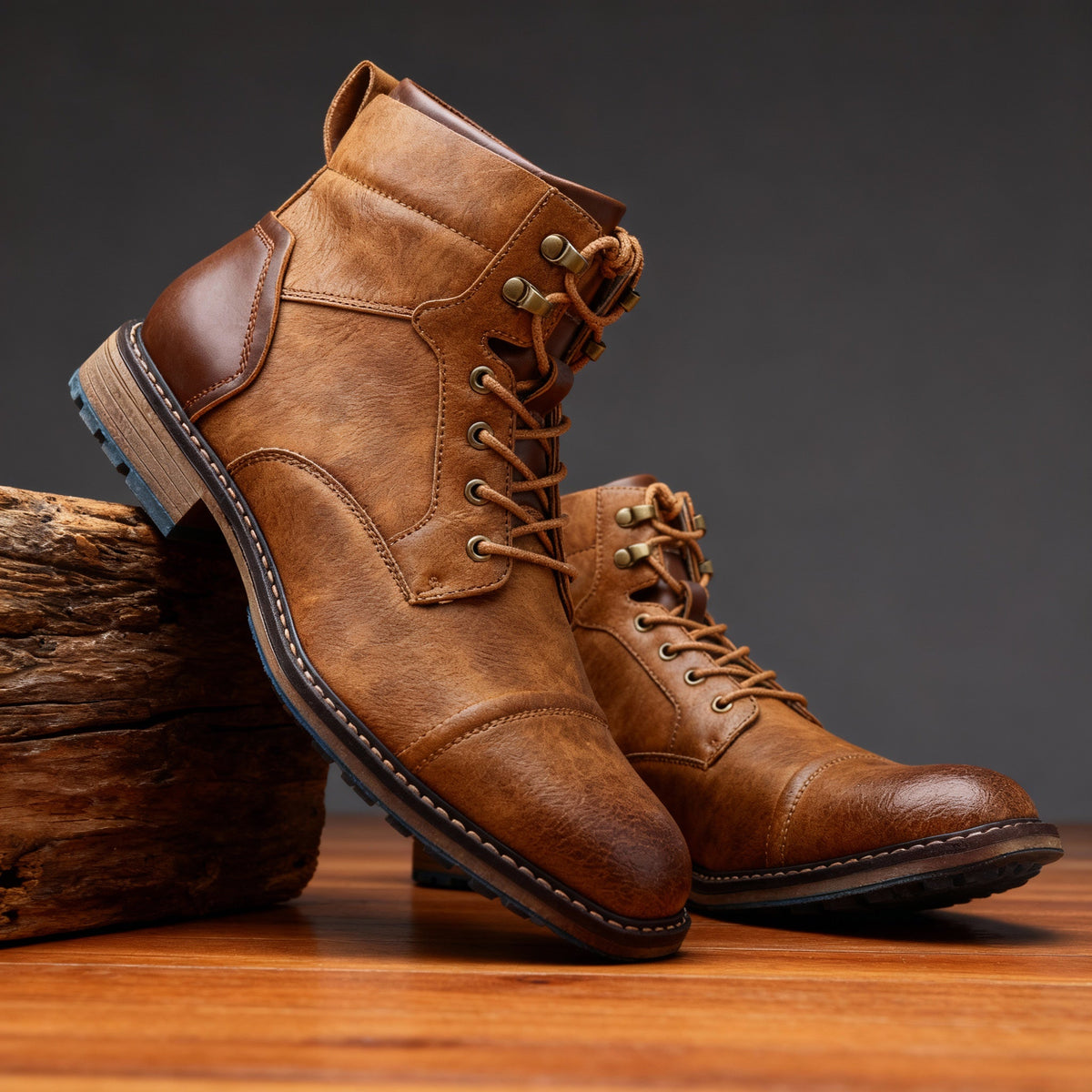 Combat boots with reinforced heel panels and cushioned sole - Oak Tan