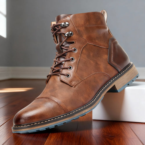 Combat boots with reinforced heel panels and cushioned sole