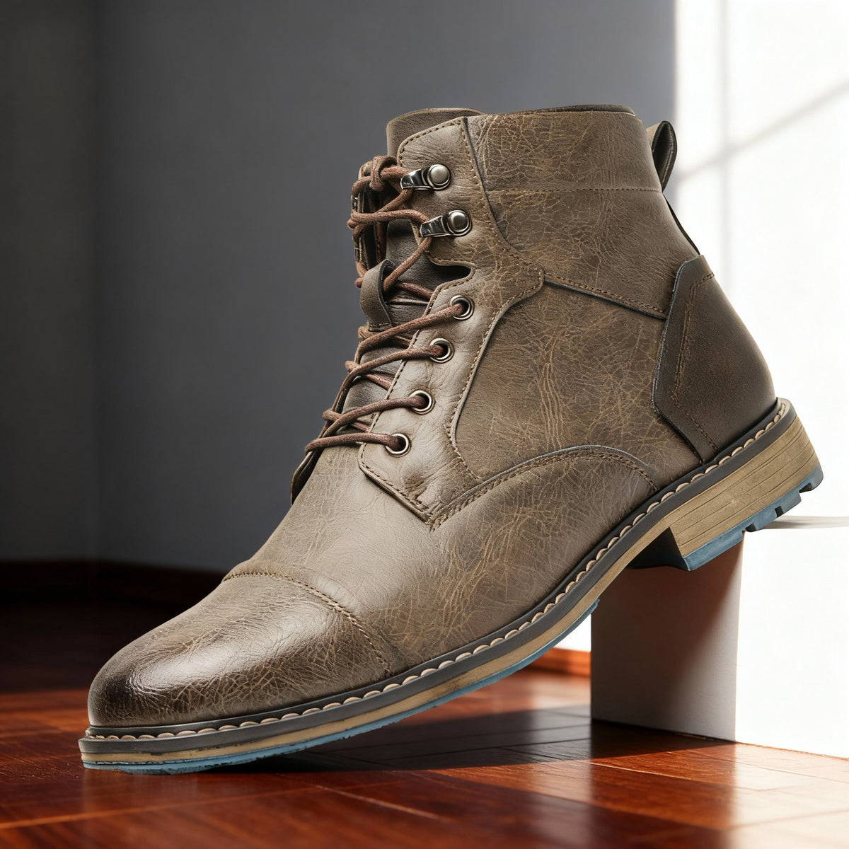 Combat boots with reinforced heel panels and cushioned sole