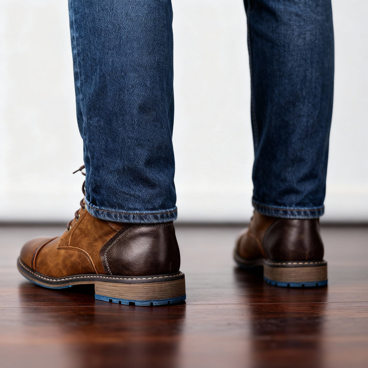 Combat boots with reinforced heel panels and cushioned sole