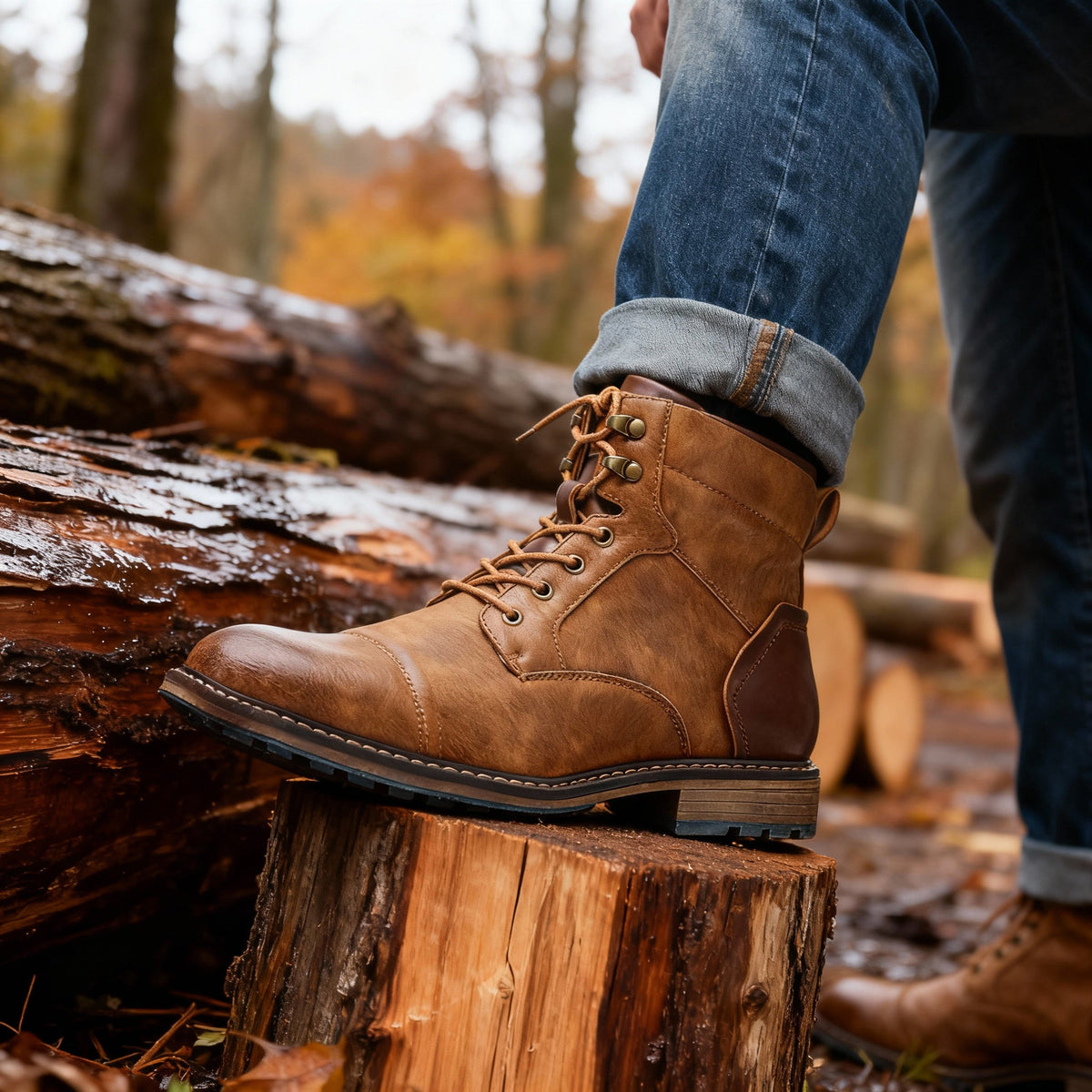 Combat boots with reinforced heel panels and cushioned sole