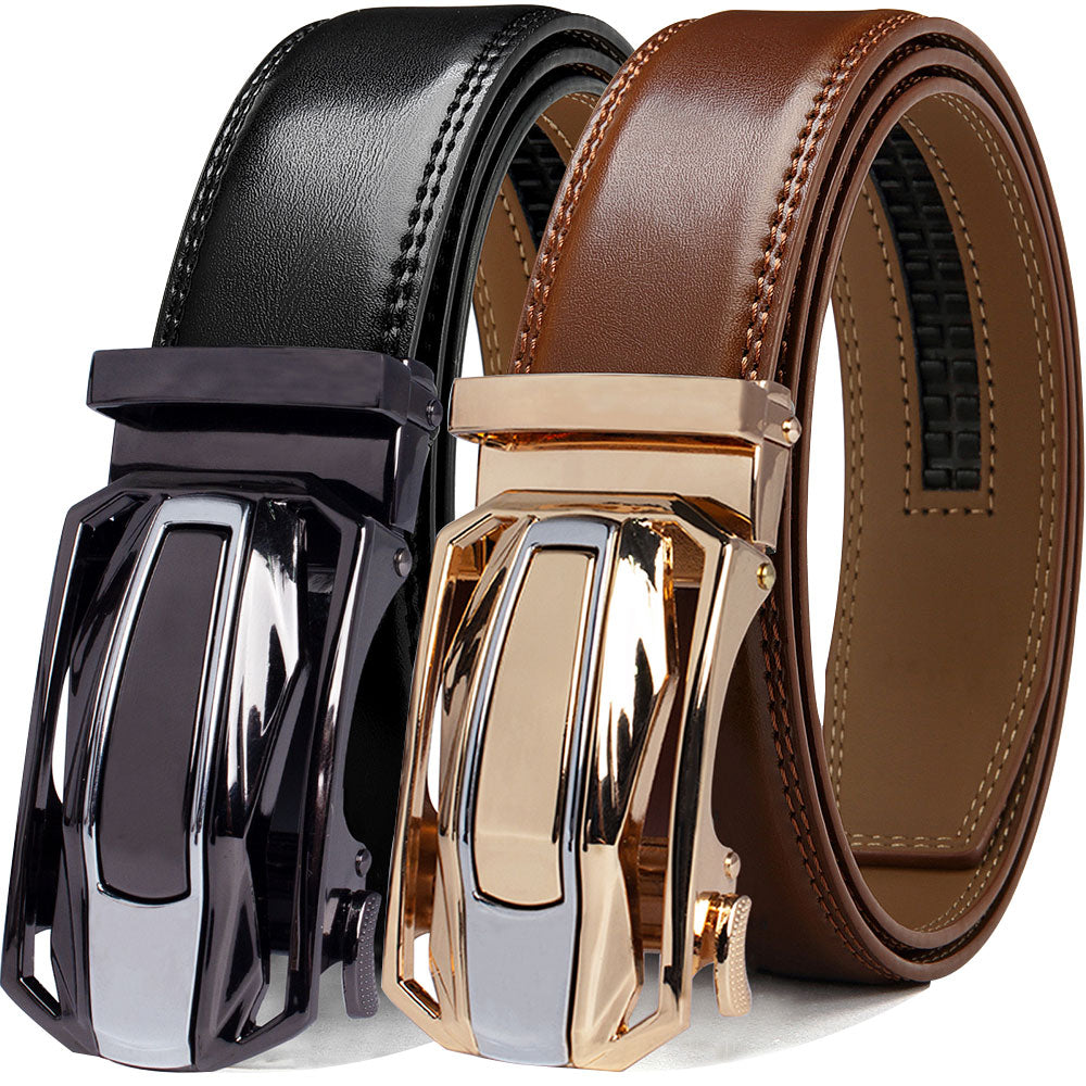 Leather belt with auto-lock buckle and smooth finish - Set Of 2