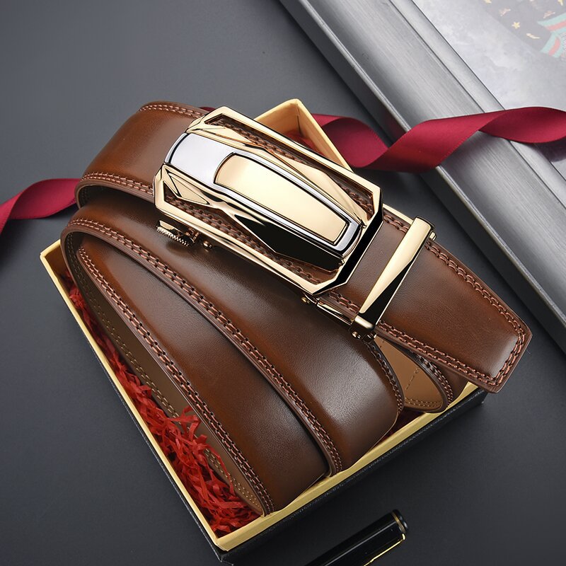 Leather belt with auto-lock buckle and smooth finish