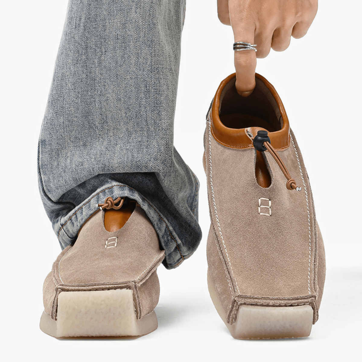 Leather and suede loafers with square toe and drawstring closure - Beige