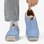Leather and suede loafers with square toe and drawstring closure - Blue
