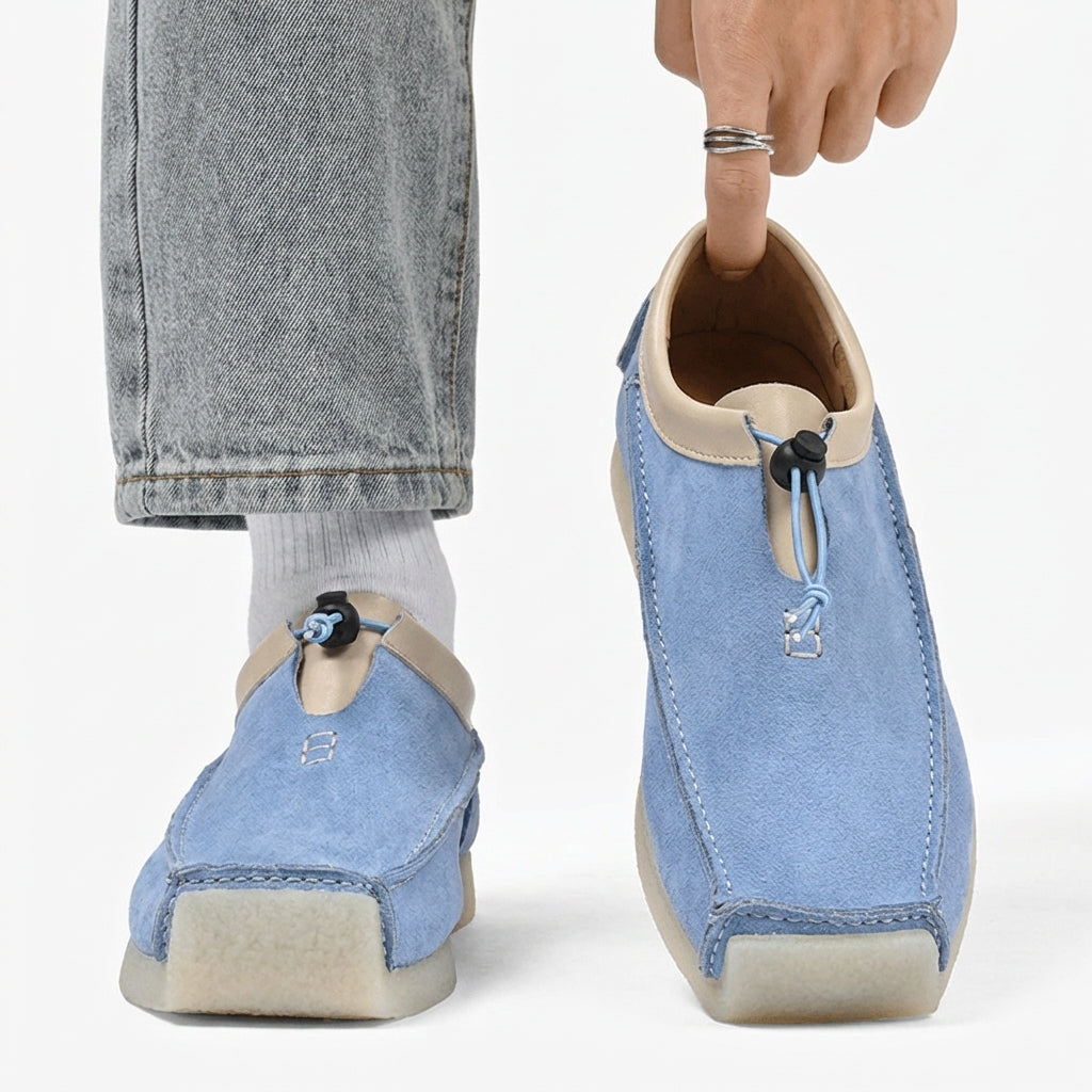 Leather and suede loafers with square toe and drawstring closure - Blue