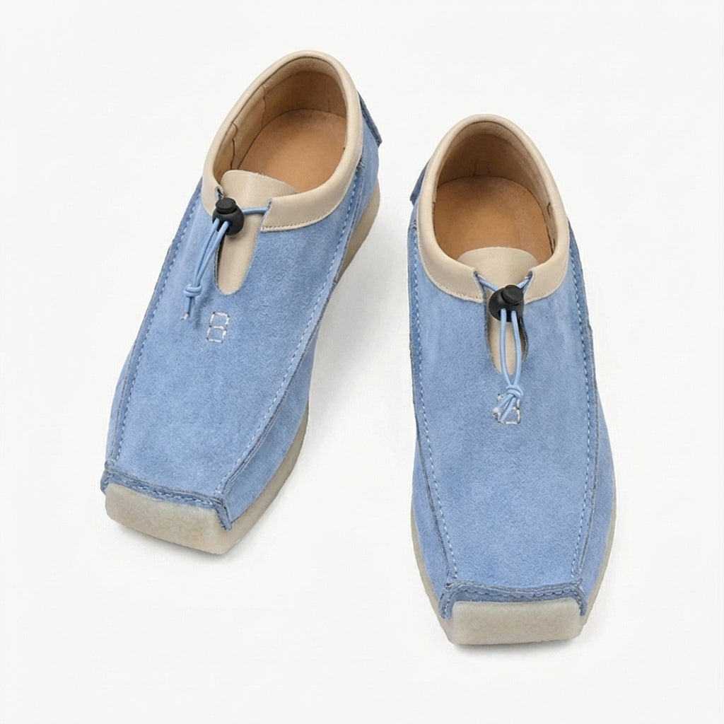 Leather and suede loafers with square toe and drawstring closure