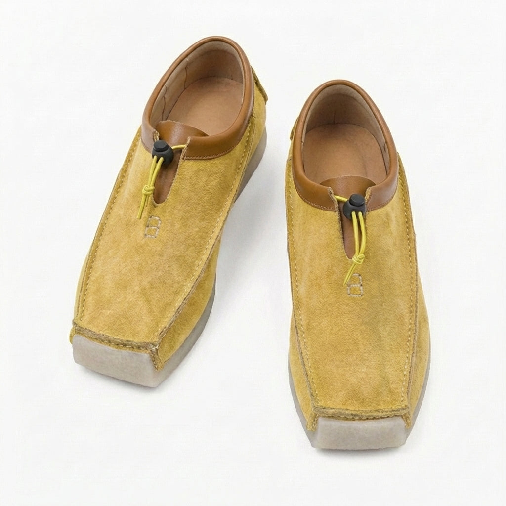 Leather and suede loafers with square toe and drawstring closure
