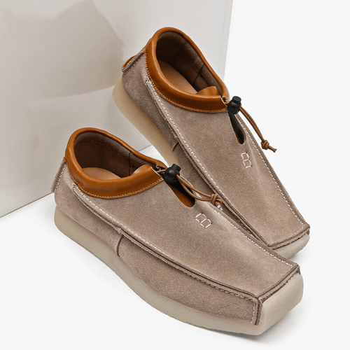 Leather and suede loafers with square toe and drawstring closure