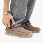 Leather and suede loafers with square toe and drawstring closure