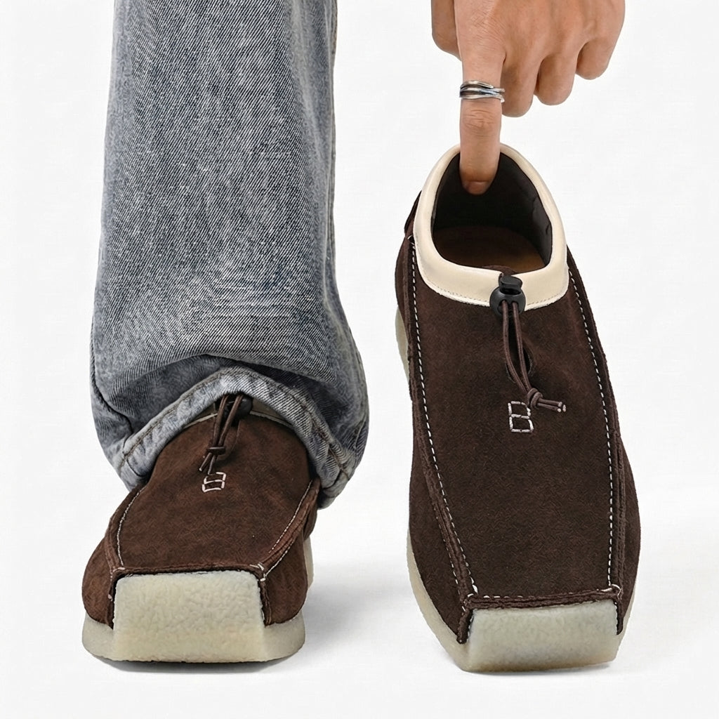 Leather and suede loafers with square toe and drawstring closure - Mocha