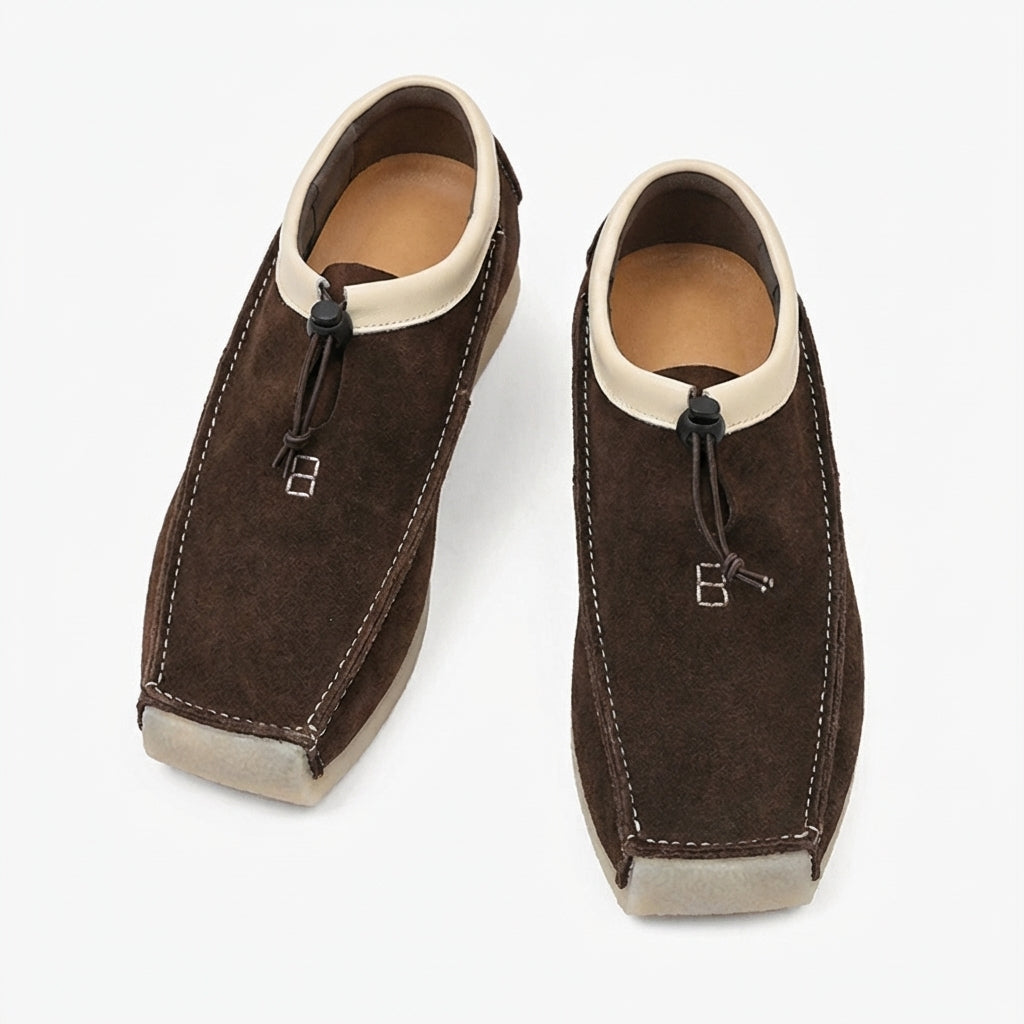 Leather and suede loafers with square toe and drawstring closure