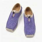 Leather and suede loafers with square toe and drawstring closure