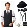 Men's 1920s Gatsby Costume Waistcoat Set with Hat and Accessories - Black Vest Black Hat