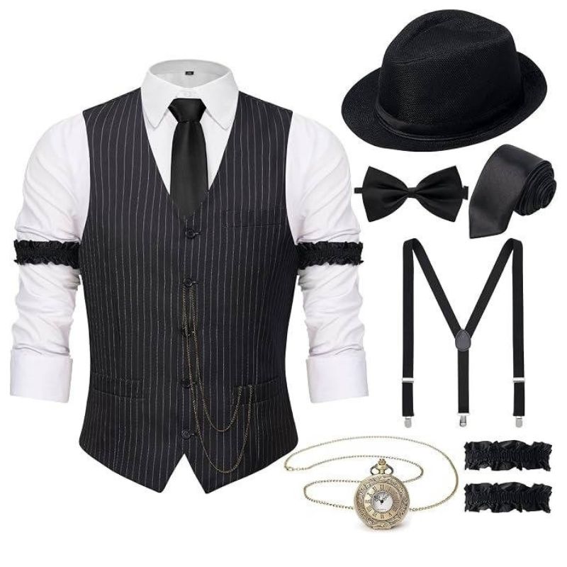 Men's 1920s Gatsby Costume Waistcoat Set with Hat and Accessories