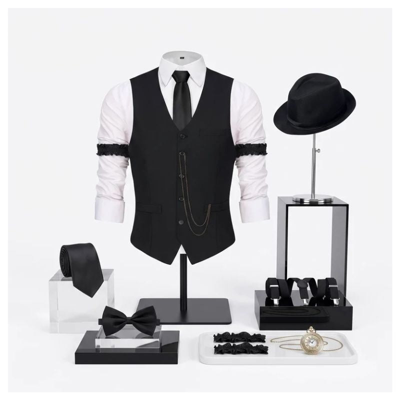 Men's 1920s Gatsby Costume Waistcoat Set with Hat and Accessories