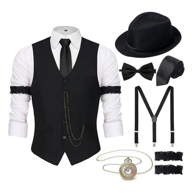 Men's 1920s Gatsby Costume Waistcoat Set with Hat and Accessories