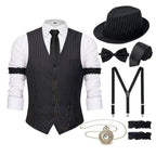 Men's 1920s Gatsby Costume Waistcoat Set with Hat and Accessories - Stripe Vest Black Hat