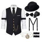 Men's 1920s Gatsby Costume Waistcoat Set with Hat and Accessories - Black Vest Hat Golden Button
