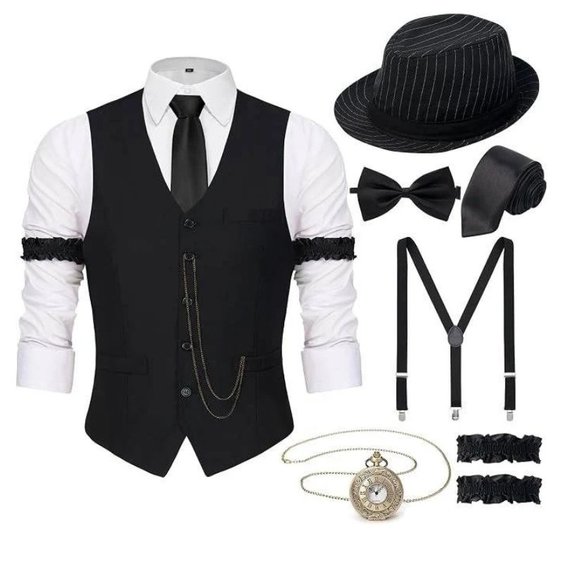 Men's 1920s Gatsby Costume Waistcoat Set with Hat and Accessories - Black Striped Hat