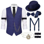 Men's 1920s Gatsby Costume Waistcoat Set with Hat and Accessories - Blue