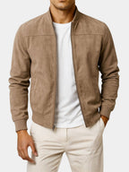 Men's faux suede bomber jacket with zip-up front and ribbed cuffs