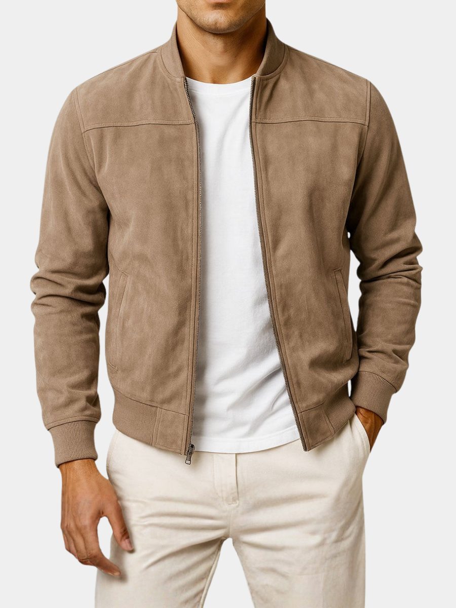 Men's faux suede bomber jacket with zip-up front and ribbed cuffs