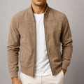 Men's faux suede bomber jacket with zip-up front and ribbed cuffs - Brown