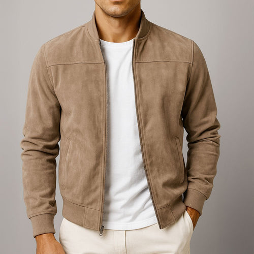 Men's faux suede bomber jacket with zip-up front and ribbed cuffs - Brown