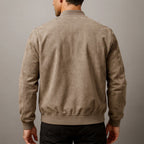 Men's faux suede bomber jacket with zip-up front and ribbed cuffs