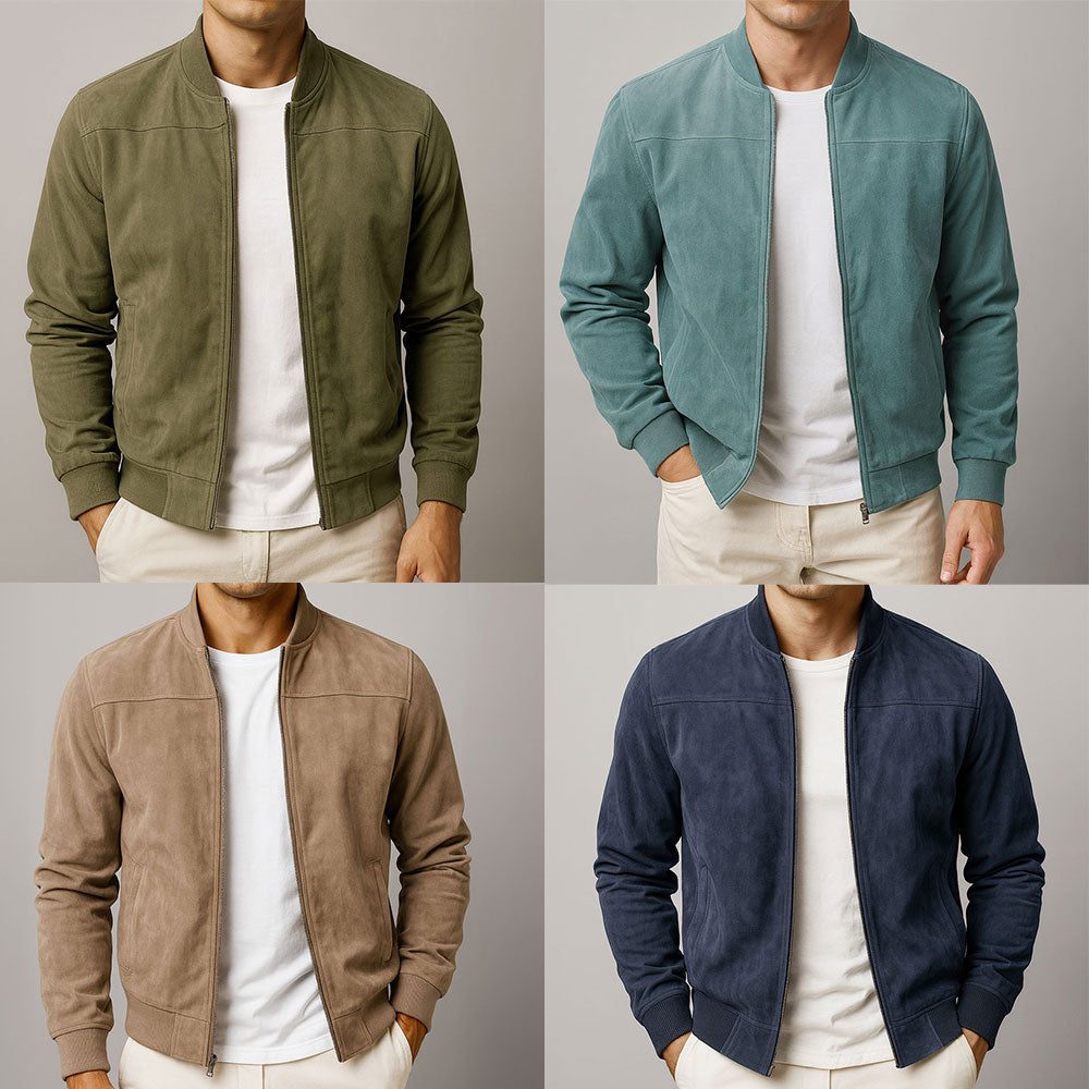 Men's faux suede bomber jacket with zip-up front and ribbed cuffs