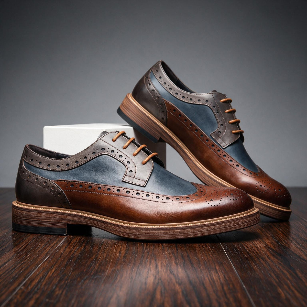 Men's Brogue Derby Shoes Lace-Up Cushioned Orthopaedic Comfort Sole - Brown Navy