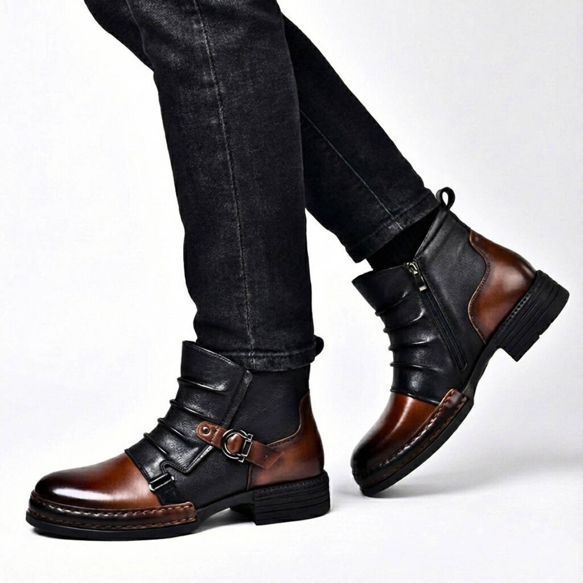 Men's Buckle Boots Faux Leather Two-Tone