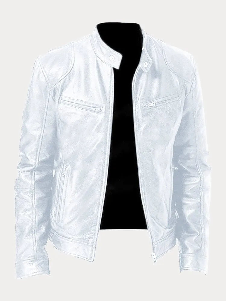 Men's casual leather jacket with multiple pockets - White