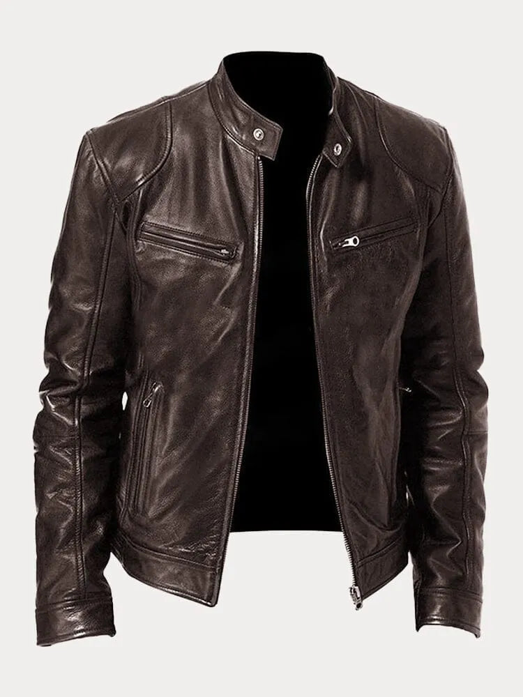 Men's casual leather jacket with multiple pockets - Dark Brown