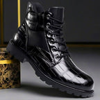Men's Combat Boots Embossed Leather Lace-Up - Obsidian Black