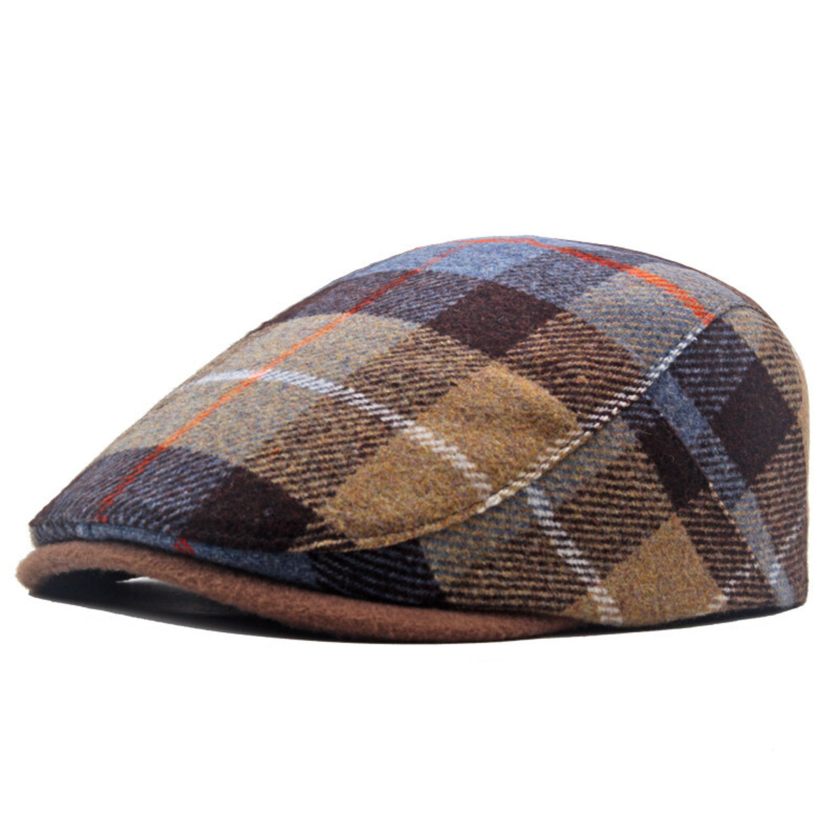 Men's Wool Flat Cap with Plaid Pattern - Brown