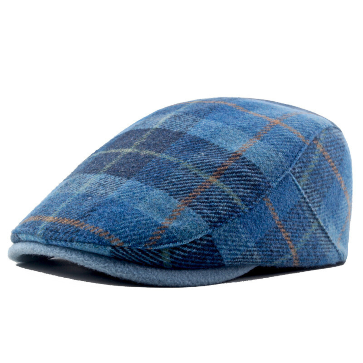 Men's Wool Flat Cap with Plaid Pattern - Blue
