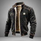 Men's Vintage Leather Jacket with Fluffy Lining - Black
