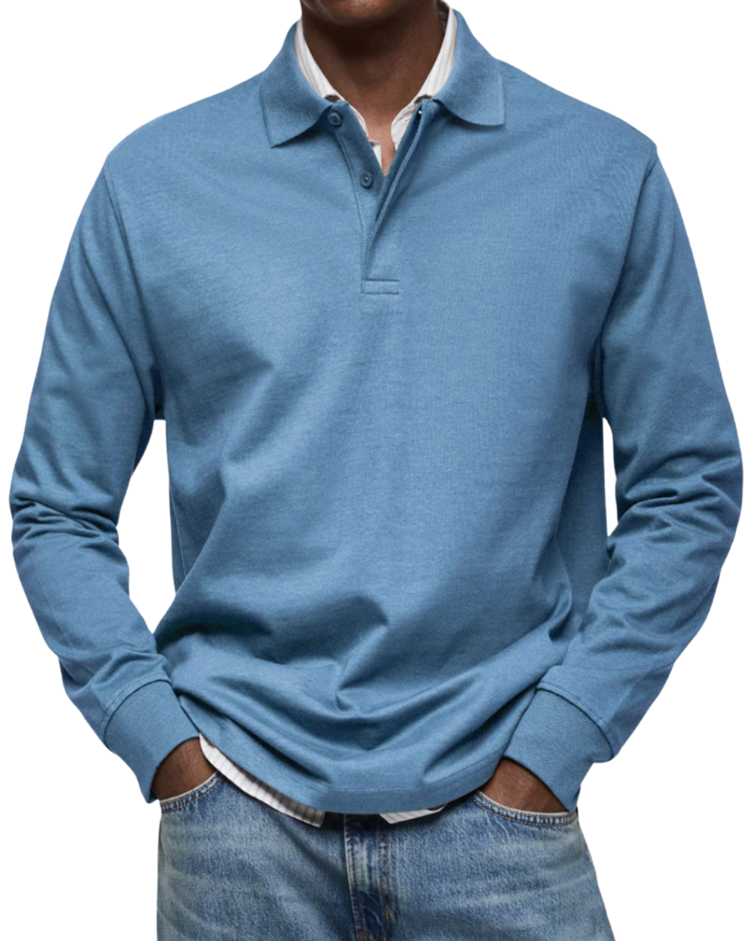 Men's Long Sleeve Polo Shirt Cotton Blend Regular Fit - Blue
