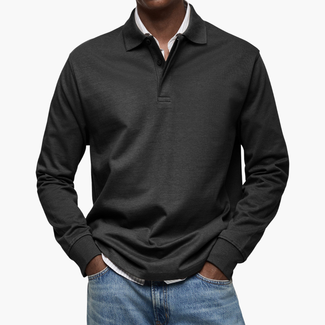 Men's Long Sleeve Polo Shirt Cotton Blend Regular Fit - Black