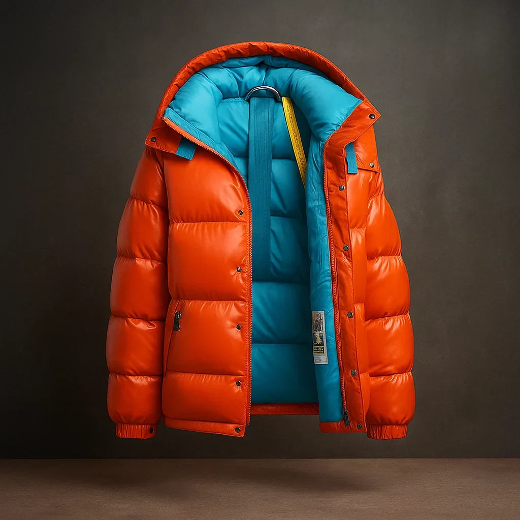 Men's Puffer Jacket with Thick Padding - Blue Orange