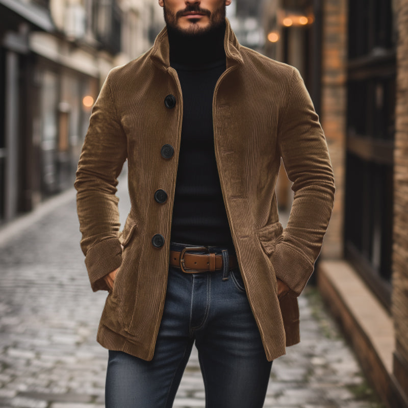 Men's Short Coat Corduroy High Collar Fitted Cut