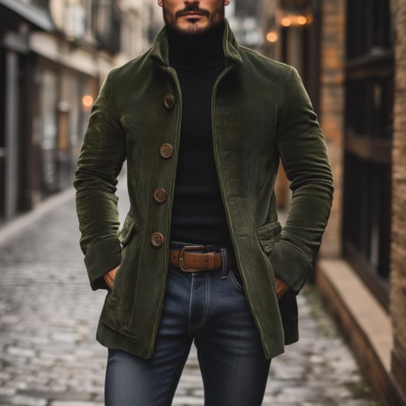 Men's Short Coat Corduroy High Collar Fitted Cut