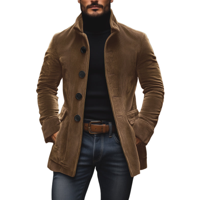 Men's Short Coat Corduroy High Collar Fitted Cut - Marron Clair