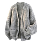 Men's V-Neck Cardigan Relaxed Oversized Fit Knitted Warm - Grey