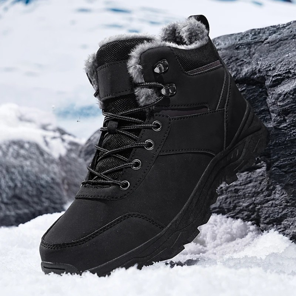 Men's winter boots with faux fur upper and ankle-high lace-up design - Black
