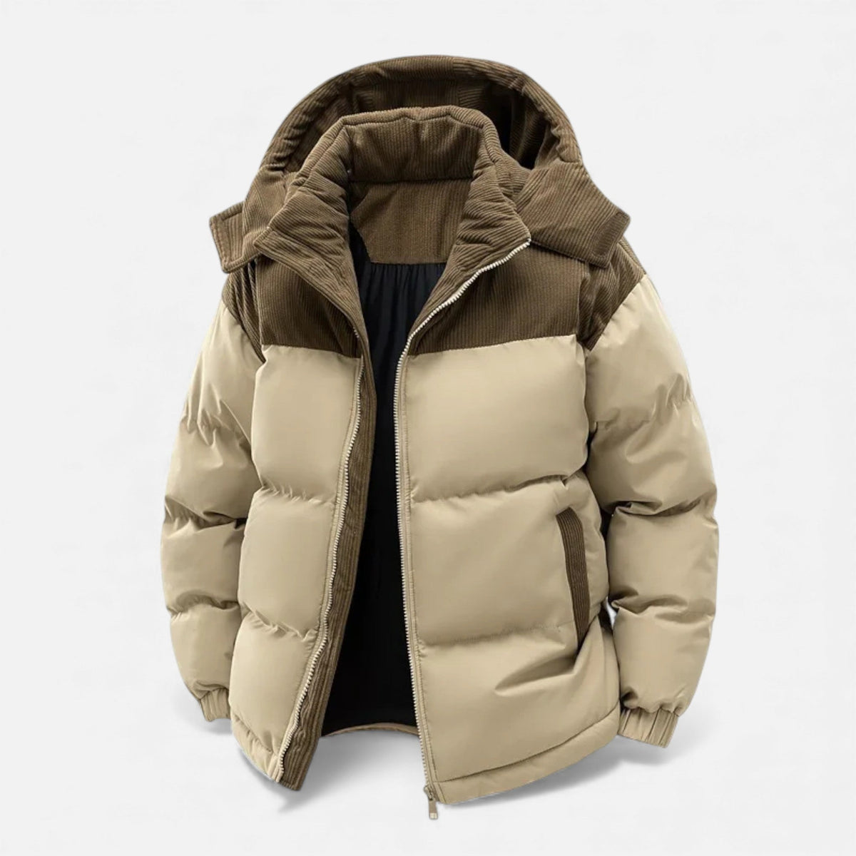 Men's winter jacket with fleece lining and removable hood - Khaki